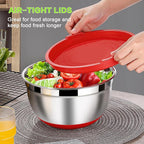 LIANYU Mixing Bowls Set of 6 with Airtight Lids, Size 7, 3.5, 2.5, 2, 1.5, 1QT Large Metal Stainless Steel Nesting Bowls for Cooking, Baking, Food Storage, Non-slip Bottom, Red