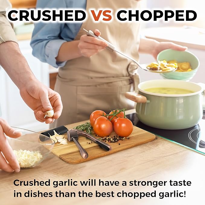 Zulay Kitchen Large Premium Garlic Press Set - Bigger Bowl for Bigger Garlic - Rust Proof & Dishwasher Safe Garlic Mincer Tool - Easy-Squeeze, Easy-Clean Silicone Garlic Peeler & Brush (Copper)