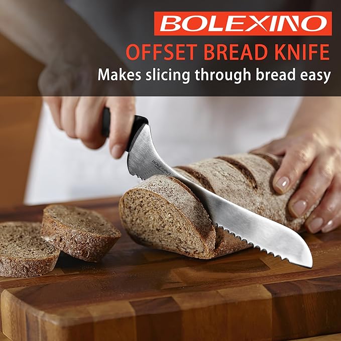 9 Inch Offset Serrated Bread Knife, Wavy Edge knife, High Carbon Stainless Steel Multi-Purpose Kitchen Knife for Homemade Bread, Crusty Breads, Cake, Bagel
