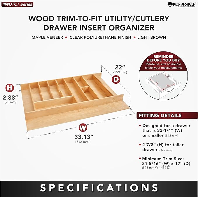 Rev-A-Shelf Trim-to-Fit Silverware Drawer Organizer For Kitchen Utensils, Cutlery Cabinet Storage Divider Insert, 33" x 22", Maple Wood, 4WUTCT-36-1