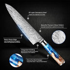 SENKEN 7-Piece Damascus Kitchen Knife Set - Tsunami Collection - 67-Layer Japanese VG10 Steel - Chef's Knife, Cleaver, Santoku, Bread, Boning, & More