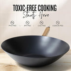 Alva Forest Naturally Nonstick Carbon Steel Wok Pan 12" - Acacia Wood Handle, Pre-Seasoned and Made without PFAS, PFOA & PTFE - Induction and All Stovetop Compatible with Even Heat Distribution