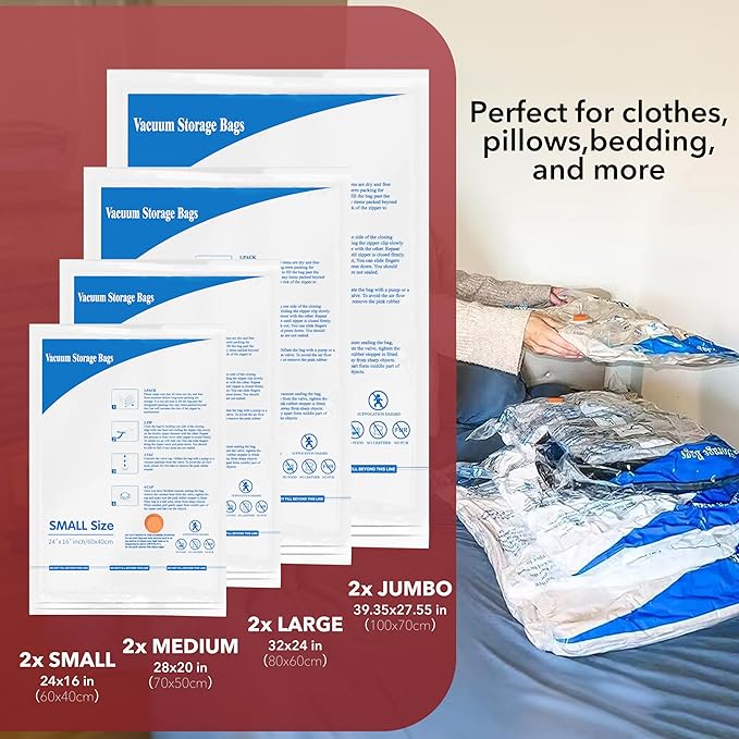 Travel Vacuum Bags With Pump,Vacuum Storage Bags with Electric Pump 8 Combo (2 J/2 L/2 M/2 Small), Plastic Packaging Bags,Travel Vacuum Bag For Luggage,Clothes, Pillows, Comforters, Blankets, Bedding