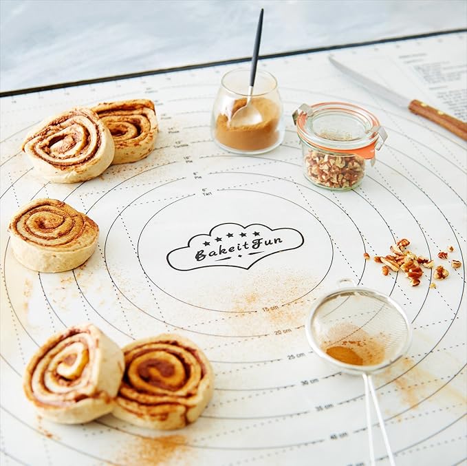 XX-Large Silicone Pastry Mat 33.5 x 22.5 in nonstick surface with inch and cm guides, concentric circles, conversion charts, BPA free, heat safe to 450°F, dishwasher safe