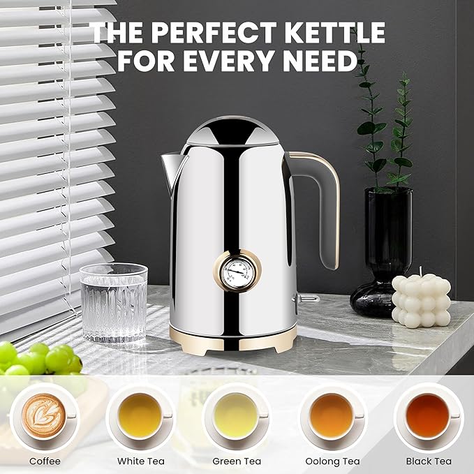 SUSTEAS Electric Kettle - 57oz Hot Tea Water Boiler with Thermometer, 1500W Fast Heating Stainless Steel Pot, Cordless LED Indicator, Auto Shut-Off & Boil Dry Protection, Glossy Silver
