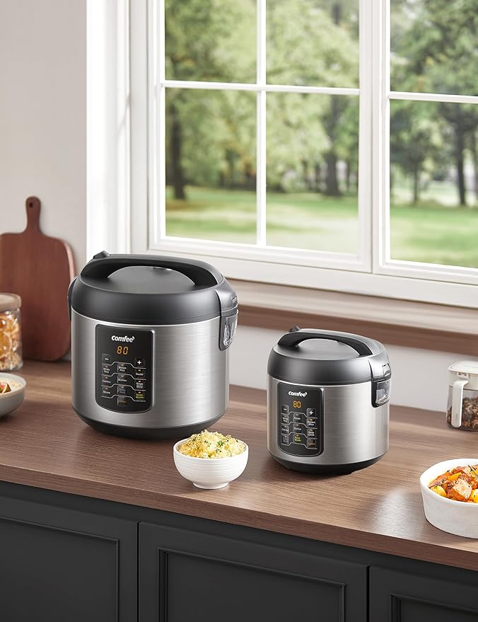 COMFEE' Compact Rice Cooker, 6-in-1 Stainless Steel Multi Cooker, Slow Cooker, Steamer, Saute, and Warmer, 2 QT, 8 Cups Cooked(4 Cups Uncooked), Brown Rice, Quinoa and Oatmeal, 6 One-Touch Programs