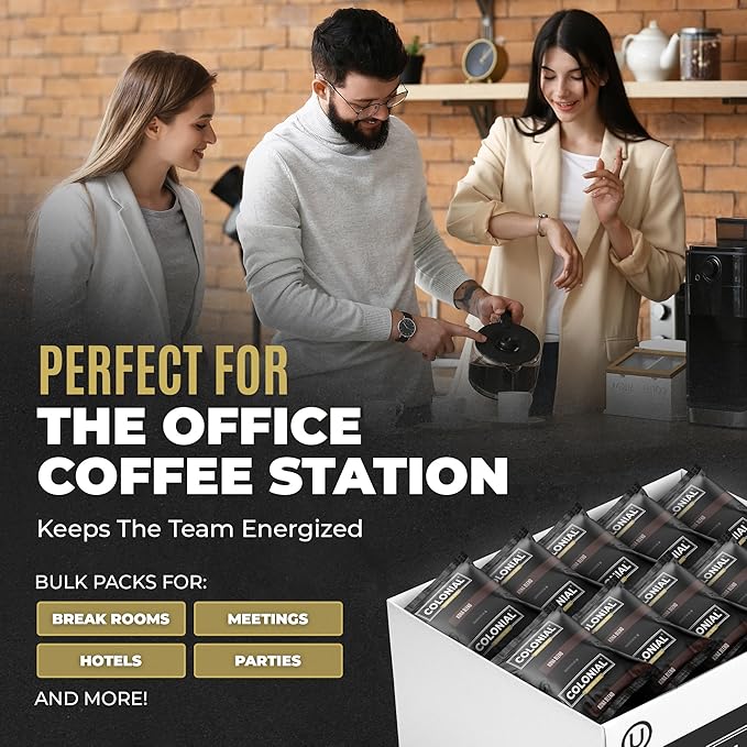 Colonial Coffee 100 Count Single Pot Coffee Packets – 100% Arabica Donut Shop Blend Medium Roast | Pre-Measured Frac Packs for 12 Cup Maker | Bulk Ground Gourmet Coffee for Home & Office
