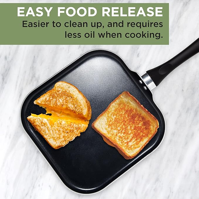 Ecolution Artistry Nonstick Square Griddle, Easy To Clean, Comfortable Handle, Even Heating, Dishwasher Safe Pots and Pans, 11-Inch, Black