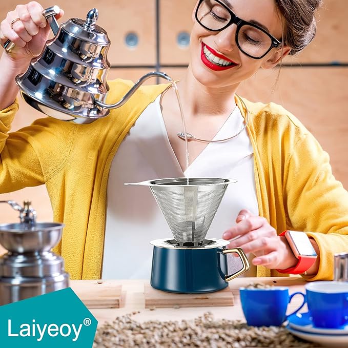 Pour Over Coffee Dripper, Slow Drip Paperless Coffee Filter, Stainless Steel Pour Over Coffee Maker for Single Cup Brew, Double Mesh Design of Manual Reusable Cone Filter.
