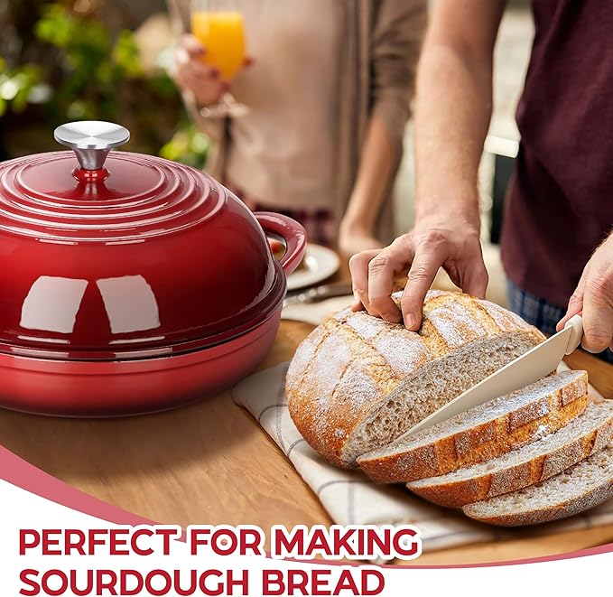 E-far Dutch Oven for Sourdough Bread Baking, 6 Qt Round Enameled Cast Iron Dutch Oven for Homemade Artisan Bread, Dome Lid & Shallow Base, Matte Black Interior & Durable, Oven-Safe to 500℉, Red