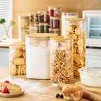 Extra Large Square Glass Flour & Sugar Storage Containers with Airtight Lids, 168 floz - 2 Pack Glass Jars with Bamboo Lids for Pantry, Air tight Food Storage Containers for Cereal, Pasta, Rice