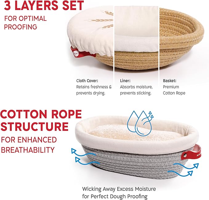 KneadAce Sourdough Starter Kit – 24oz Starter Jar, 2 Cotton Rope Banneton Proofing Baskets, Magnetic Bread Lame for Scoring – Gift for Bakers & Complete Sourdough Bread Baking Set