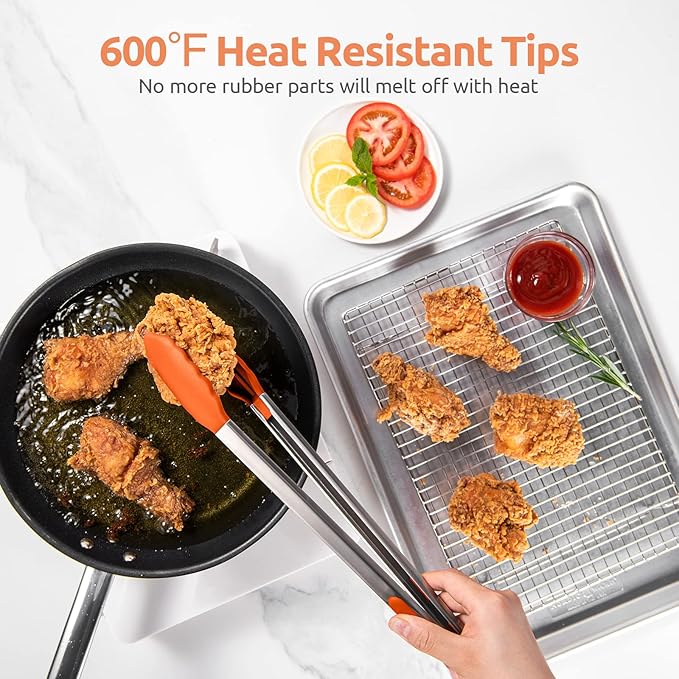 600ºF Heat Resistant Kitchen Tongs: U-Taste 16 inch Extra Long Large Silicone Cooking Tong with Sturdy Non Stick Rubber Tips & Non Slip Silicon Coated 18/8 Stainless Steel Handle for Grill BBQ(Orange)