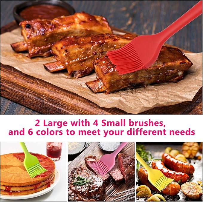 Silicone Basting Brush Set 6 Pack Heat Resistant Pastry Brushes Spread Oil Butter Sauce for BBQ Grill Barbeque Kitchen Baking Cooking Pastries, 2 Large & 4 Small