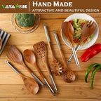 10PCS Wooden Spoons for Cooking, Spoons and Spatula Non Stick Set with Stainless Steel Handle, Teak Wooden Utensils Set with Holder & Spoon Rest, Kitchen Utensils for Non-Stick Cookware