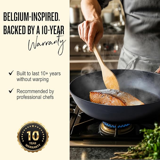 Alva Forest 4-Piece Carbon Steel Frying Pan Set – Naturally Nonstick, Pre-Seasoned, with Acacia Wood Handle, Made Without PTFE, PFOA, PFAS – Sustainable Belgian Design, Induction & All-Stovetop Safe