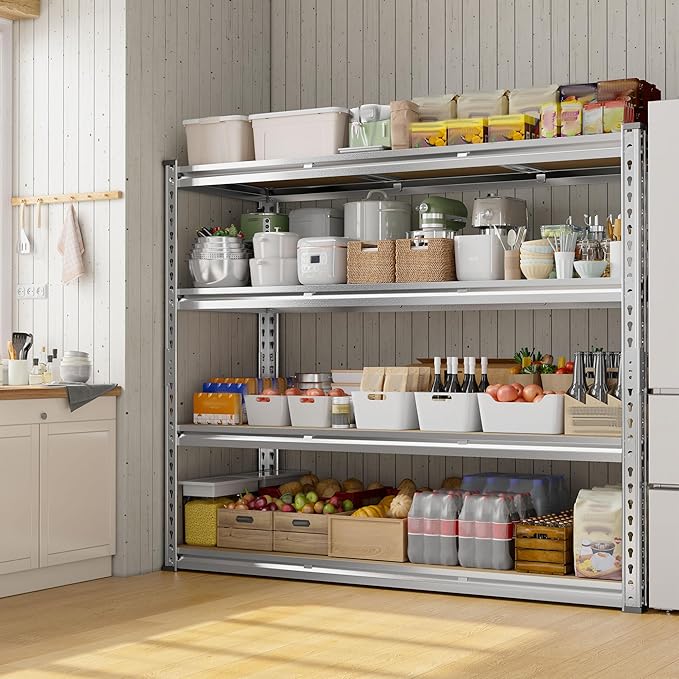 REIBII Garage Shelving, 4 Tier Storage Shelves Load 2000LBS, Adjustable Garage Shelving Heavy Duty, Metal Shelves Unit for Basement, Warehouse, 48" W x 60" H x 18" D, Galvanized