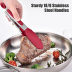 Doosu Kitchen Tongs for Cooking - 600°F Heat Resistant Food Tong with Non-Scratch Silicone Tips, Heavy Duty Stainless Steel Locking Tong for BBQ, Grilling Steak, Serving Salad, Pasta (7in, Red)
