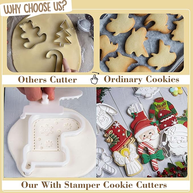Flycalf Angel Cookie Cutters Christmas with Plunger Stamps Holiday PLA Baking Accessories Cutter Molds Gifts Decorative Party 3.5" Kitchen Cake Supplies