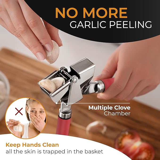 ORBLUE Garlic Press Stainless Steel - Premium Professional Grade Garlic Mincer, Crusher & Peeler Set - Easy Clean, Dishwasher Safe & Rust-proof, Red