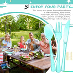Minatee 150 Pieces Disposable Cutlery Set Plastic Silverware Heavy Duty Utensil Sets 50 Forks 50 Knives 50 Spoons for Home Office School Party Picnics Restaurant Outdoor Events(Light Green)