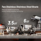 Stand Mixer, 3.5QT+6QT Two Bowls Kitchen Electric Mixer, 600W 6+P speed Tilt-Head Food Mixer with Stainless Steel Bowl, Dishwasher-Safe Dough Hook, Flat Beater, Wire Whisk, Splash Guard, Grey