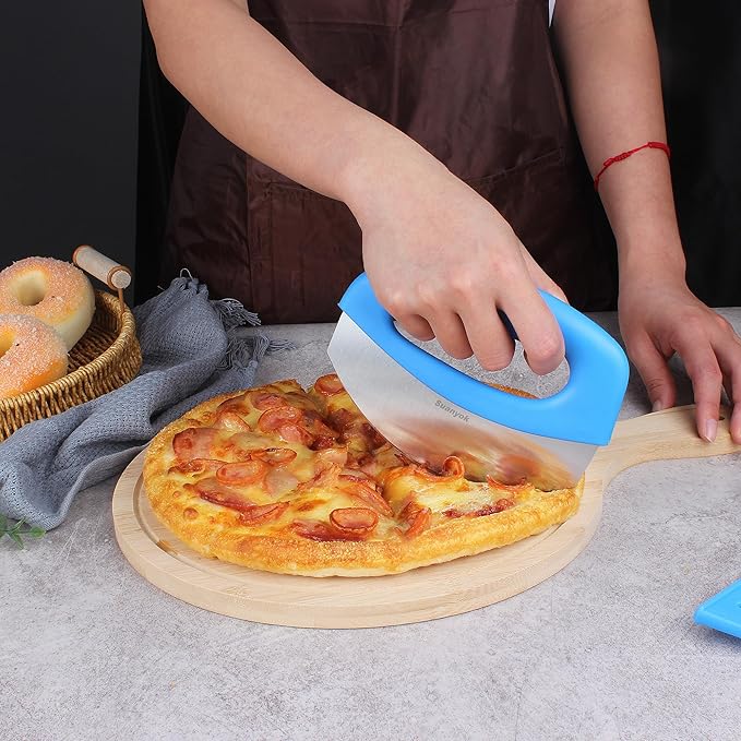 Premium Pizza Cutter Food Chopper-Super Sharp Blade Stainless Steel Pizza Cutter Rocker Slicer with Protective Sheath Multi Function Pizza Knife Kitchen Tools,Dishwasher Safe (Blue)