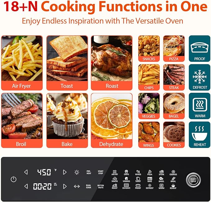 Aeitto® 32-Quart PRO Large Air Fryer Oven| Toaster Oven Combo | with Rotisserie, Dehydrator and Full Accessories | 19-In-1 Digital Airfryer | Fit 13" Pizza, 9pcs Toast, 1800w, Black
