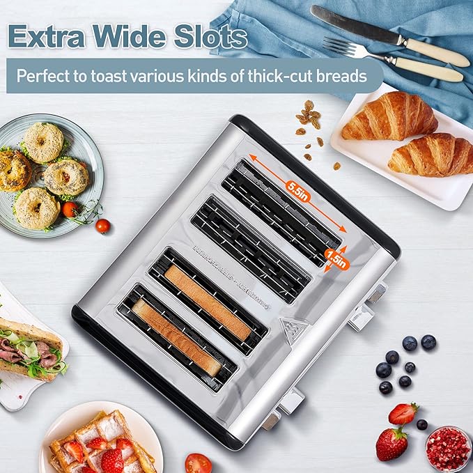 CUSIMAX 4 Slice Toaster, Stainless Steel, Ultra-Clear LED Display & Extra Wide Slots, with Dual Control Panels of 6 Shade Settings, Cancel/Bagel/Defrost Function, Removable Crumb Trays, Black