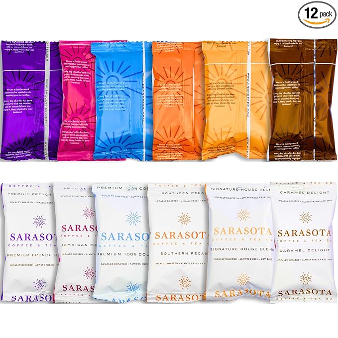 Ground Coffee | Gift Set Sampler Pack Variety Medium, Dark, & Flavored Roast Low Acid Mold Free Pouches | Gourmet Bulk Packets | Highest Rated Individual Premeasured Powder Bags for 12 Cup Drip Maker