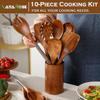 10PCS Wooden Spoons for Cooking, Spoons and Spatula Non Stick Set with Stainless Steel Handle, Teak Wooden Utensils Set with Holder & Spoon Rest, Kitchen Utensils for Non-Stick Cookware