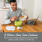 Bentgo Glass All-in-One Salad Container - Large 61-oz Salad Bowl with Lid, 4-Compartment Bento-Style Tray, 3-oz Sauce Container, and Reusable Fork - Dishwasher, Microwave, and Oven Safe (White)