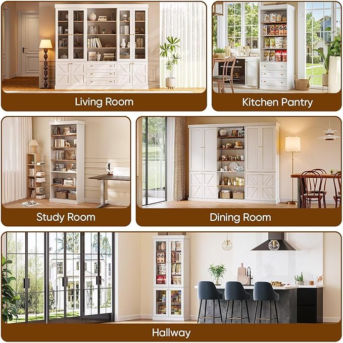 70.8" Tall Farmhouse Kitchen Pantry Cabinet with Doors, Modular Wooden Storage Hutch with 4-Tier Adjustable Shelves, White Buffet Cabinet for Kitchen or Living Room, Set of 3