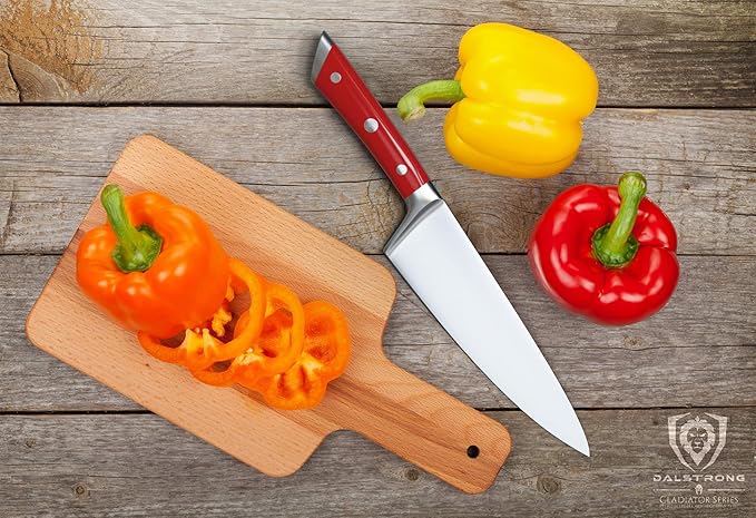 Dalstrong Chef Knife - 8 inch Blade - Gladiator Series - Forged High Carbon German Steel - Razor Sharp Kitchen Knife - Professional Full Tang Knives - Crimson Red Handle ABS - Sheath - NSF Certified