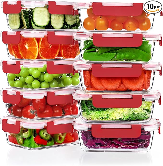 VERONES 10 Pack 22 OZ Glass Meal Prep Containers, Airtight Glass Lunch Containers Set, Glass Food Storage Containers with Lids,Exclusive of BPA, for Microwave, Oven, Freezer & Dishwasher Friendly,Red
