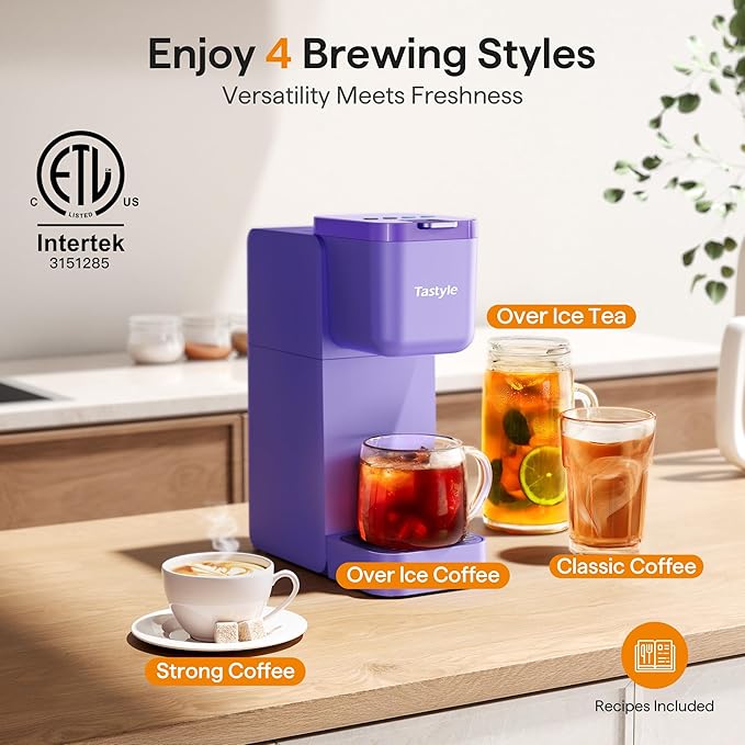 Single Serve Coffee Maker for K Cup, Ground and Tea, Hot and Iced Coffee Machines with Bold Setting, 6 to 16 Oz Brew Sizes, Compact for Small Spaces, Purple (2.0 Version)
