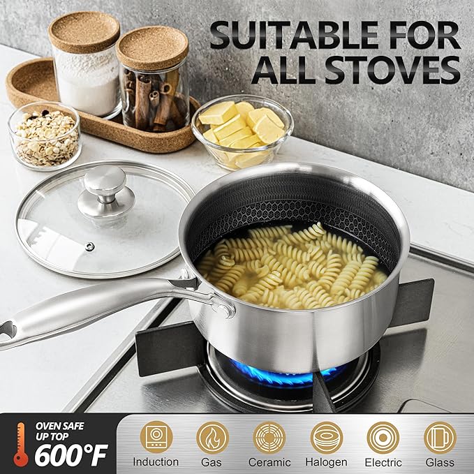 MICHELANGELO 1 Quart Saucepan with Lid, Premium Triple Ply Stainless Steel Sauce Pan with Lid, Small Saucepan with Honeycomb Interior - 1QT