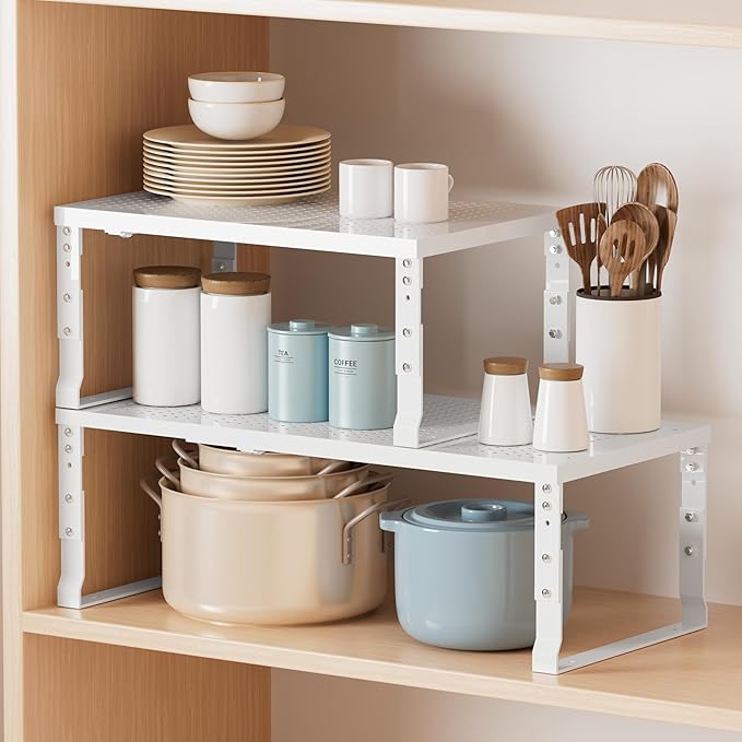 Metal Stackable Expandable Storage Shelf - Multi-Functional Home Storage Shelf, Suitable for Kitchen, Cabinet，Bathroom, Office, Garage, etc.（3PACKS/White/Large