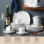 MALACASA 30 Piece Porcelain Dinnerware Set, Grey White Dish Set for 6, Square Ceramic Dishware Sets, Chip and Scratch Resistant Plates and Bowls Sets, Cups and Saucers, Series ELISA