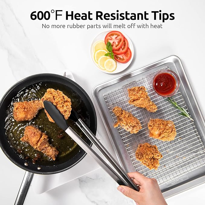 600ºF Heat Resistant Kitchen Tongs: U-Taste 16 inch Extra Long Large Silicone Cooking Tong with Sturdy Non Stick Rubber Tips & Non Slip Silicon Coated 18/8 Stainless Steel Handle for Grill BBQ (Black)