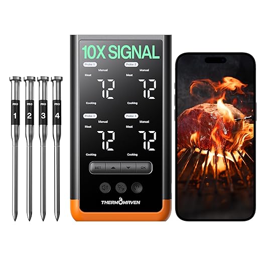 ThermoMaven Wireless Bluetooth Smart Meat Thermometer: Standalone Base, WiFi Thermometer with Sub-1G, 6 Sensors NIST Certified Accuracy, 4 Probes, for Kitchen, BBQ, Grill, Oven, Smoker, Rotisserie