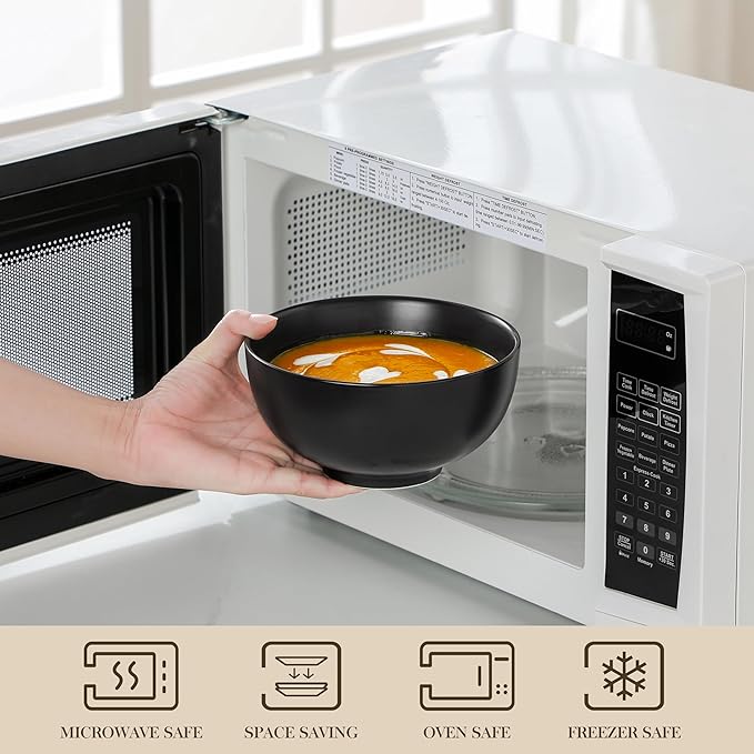 MALACASA 26 OZ Porcelain Soup Bowls Set of 6, Black Ceramic Bowls for Kitchen, Cereal Bowl for Oatmeal, Fruit, Salad, Ramen and Rice Bowl -Dishwasher & Microwave Safe Bowls