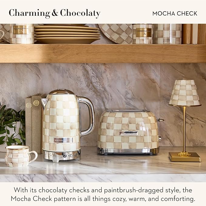 MACKENZIE-CHILDS Electric Kettle, Stainless-Steel Tea Kettle, Brown-and-White Mocha Check