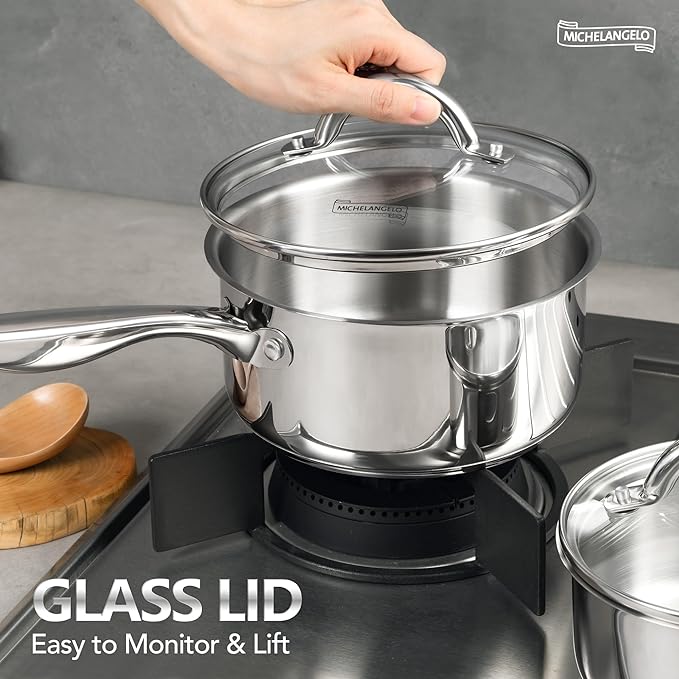 MICHELANGELO 3 Quart Saucepan with Lid, 18/10 Stainless Steel Sauce Pan with Tri-Ply Bottom, 3QT Sauce Pot, Induction Compatible