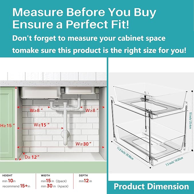 2 Pack Clear Under Sink Organizers, Pull Out Cabinet Organizer,2 Tier Bathroom Storage Organizer,Cabinet Drawers Organization Bins with Track for Kitchen,Pantry,Fridge,Vanity