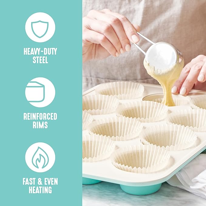GreenLife 12-Cup Muffin Pan, Healthy Ceramic Nonstick Bakeware, PFOA & PFAS-Free Cupcake Tray, Durable Baking Pan, Versatile Kitchen Essential, Easy Clean Muffin Mold, Nonstick Baking Sheet, Turquoise