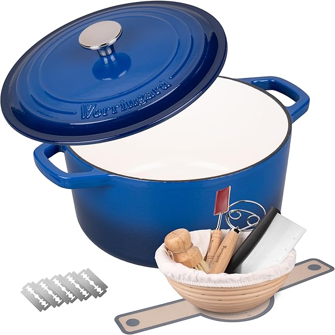 Enameled Cast Iron Dutch Oven Pot with Lid, for Bread Baking, Round Bread Oven- include Sourdough Bread Baking Supplies Set, 6QT, Blue