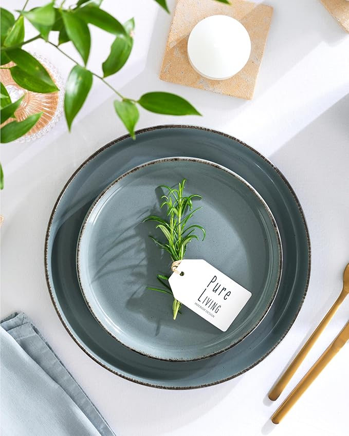Stoneware dinnerware set 4 persons Rustic 16 pcs - Rustic design dinnerware set, dishwasher safe - Bowl and plate set - Pure Living dinnerware in smoky blue…