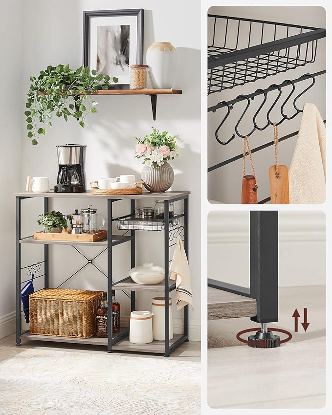 VASAGLE ALINRU Kitchen Baker’s Rack, Coffee Bar, Microwave Oven Stand, with Steel Frame, Wire Basket, 6 Hooks, for Mini Oven, Spices Utensils, Industrial, Greige and Black UKKS090B02