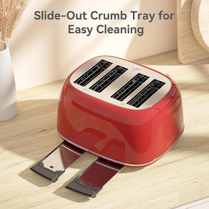 Toaster 4 Slice, Retro Stainless with 6 Bread Shade Settings,1.5''Wide Slots Toaster with Cancel/Defrost/Reheat,Dual Independent Control Panel(Red)